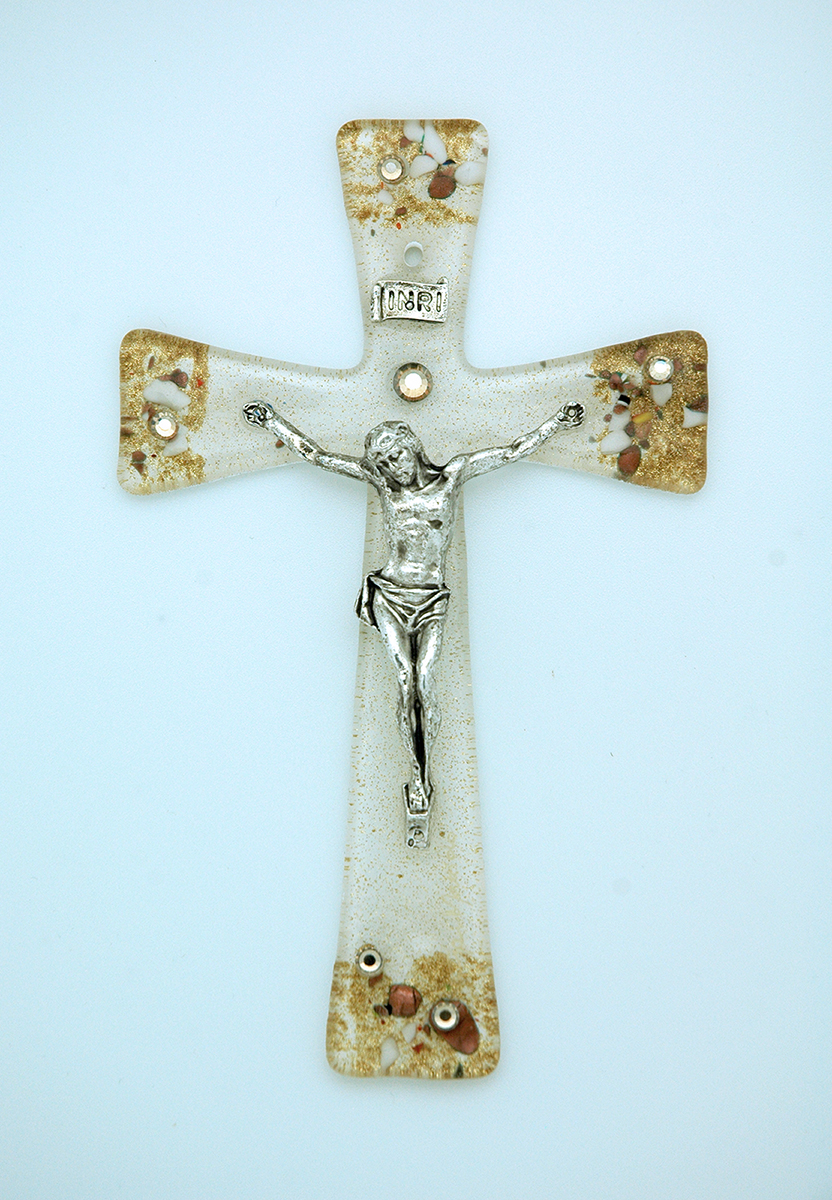 IG2153 - Italian Genuine Murano Glass Crucifix, Gold & Copper, 6 in.