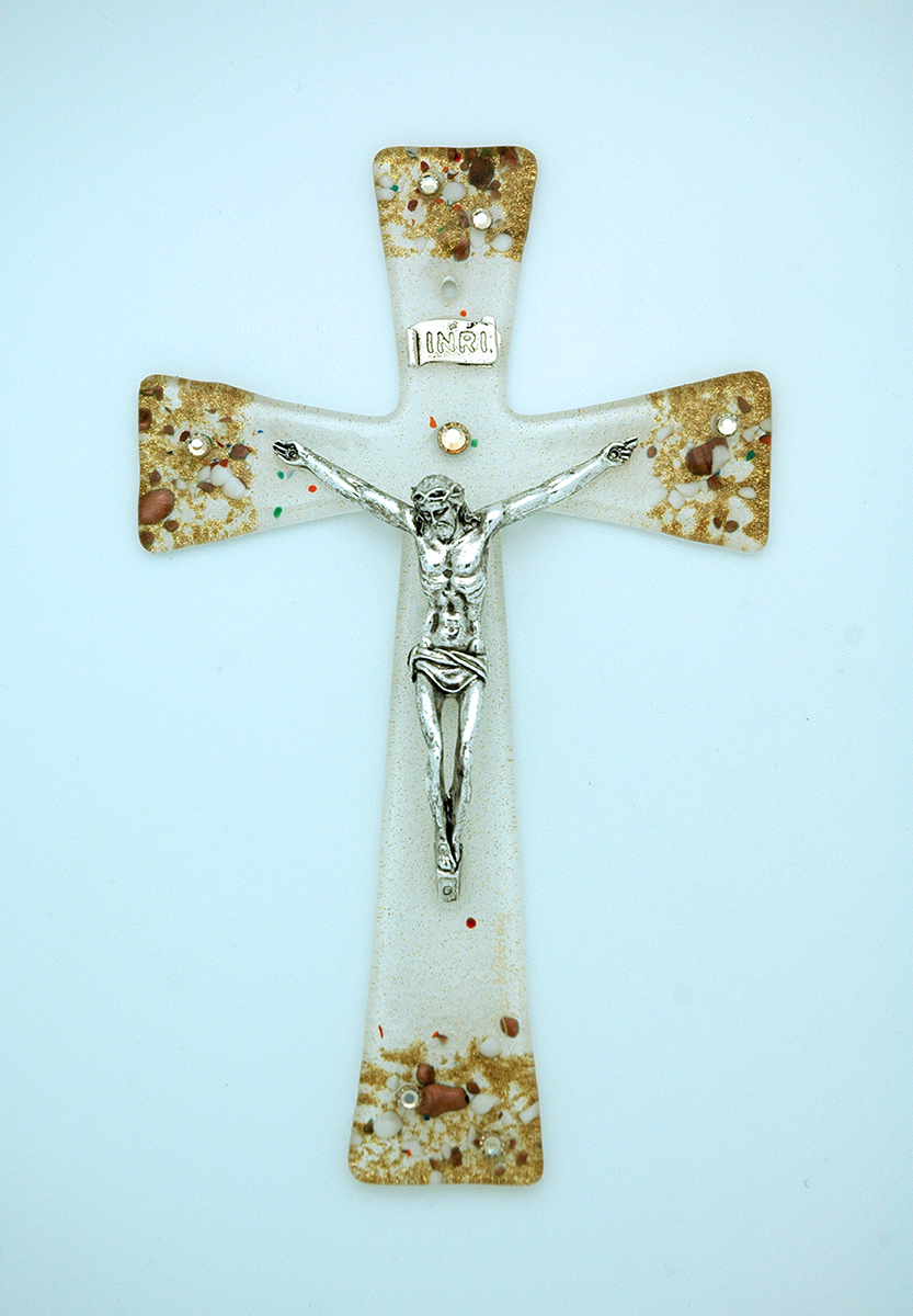 IG2154 - Italian Genuine Murano Glass Crucifix, Gold & Copper, 8 in.