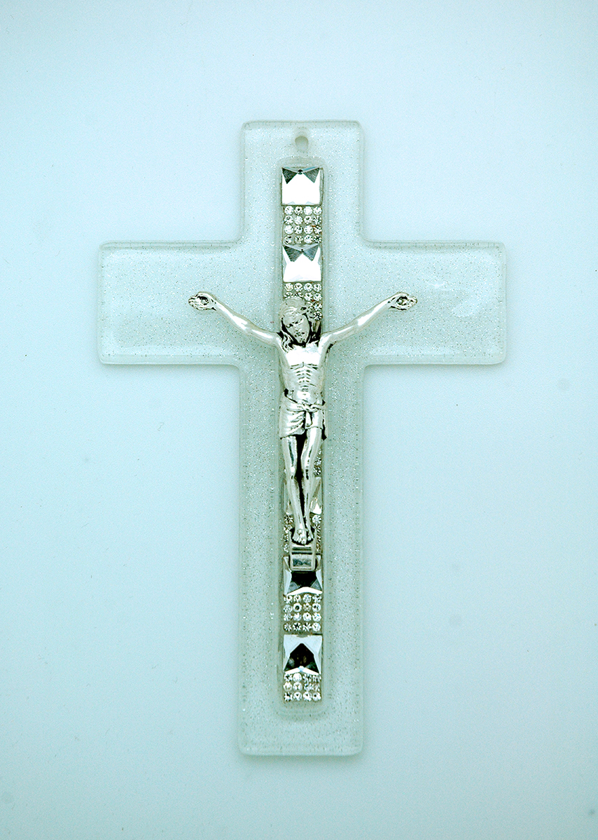 IG2253 - Italian Genuine Murano Glass Crucifix, Clear, Crystals, 6 in.