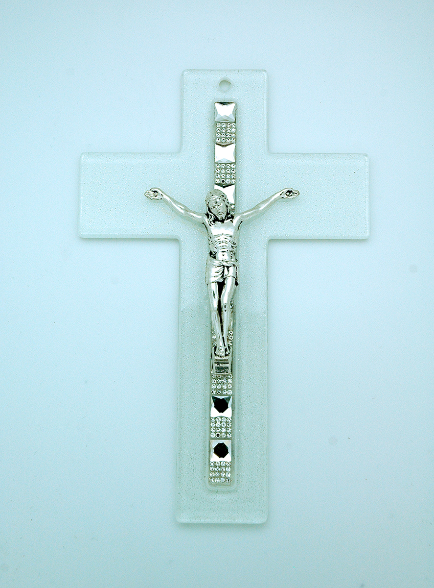 IG2254 - Italian Genuine Murano Glass Crucifix, Clear, Crystals, 8 in.