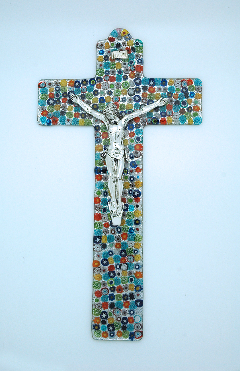 IG2435 - Italian Genuine Murano Glass Crucifix, Multi-Colored Flowers, 13 in.