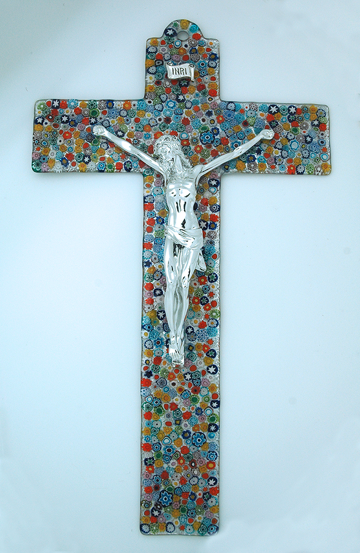 IG2436 - Italian Genuine Murano Glass Crucifix, Multi-Colored Flowers, 18 1/2 in.
