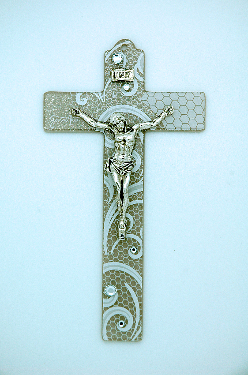 IG2583 - Italian Genuine Murano Glass Crucifix, Beige with White Swirls, 6 in.