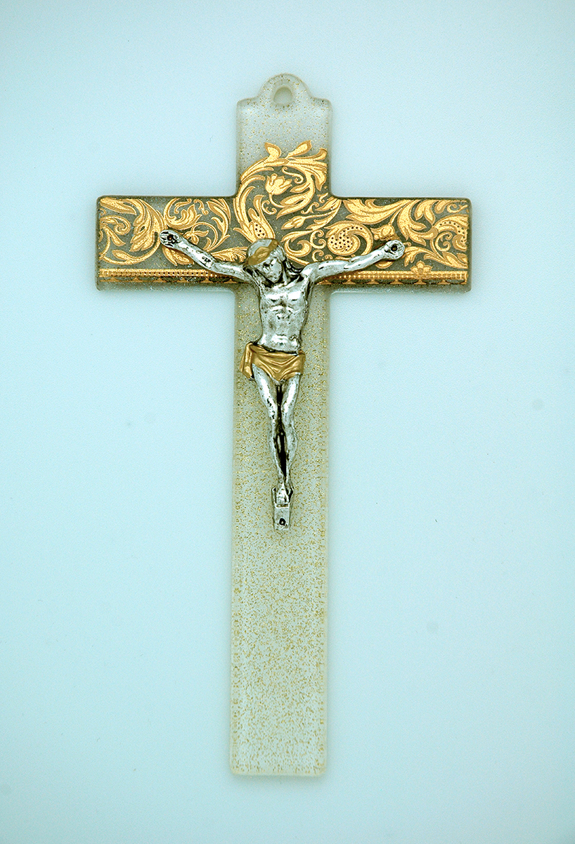 IG2295 - Italian Genuine Murano Glass Crucifix, Clear with Gold Design, 6 in.