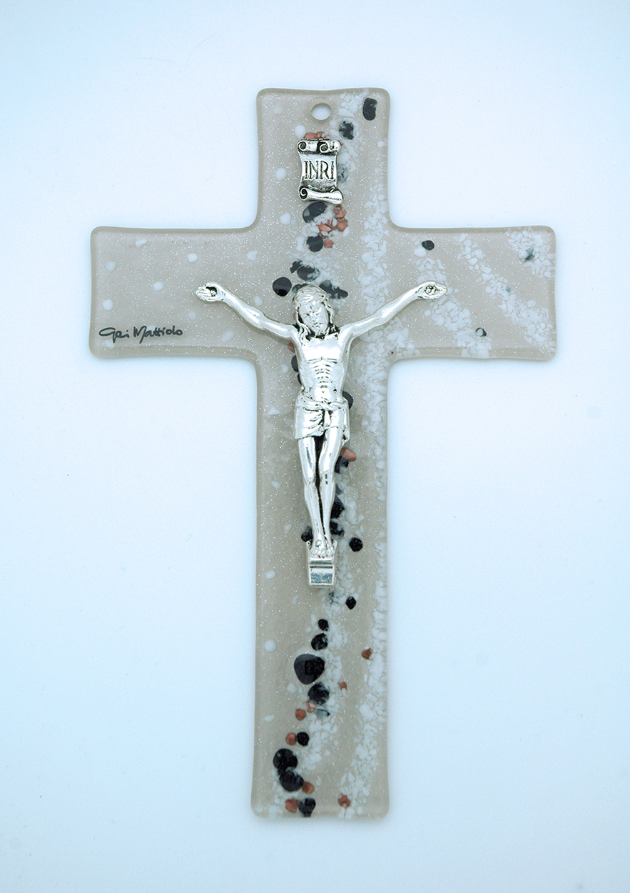 IG3181 - Italian Genuine Murano Glass Crucifix, Beige with Black & Copper, 8 in.