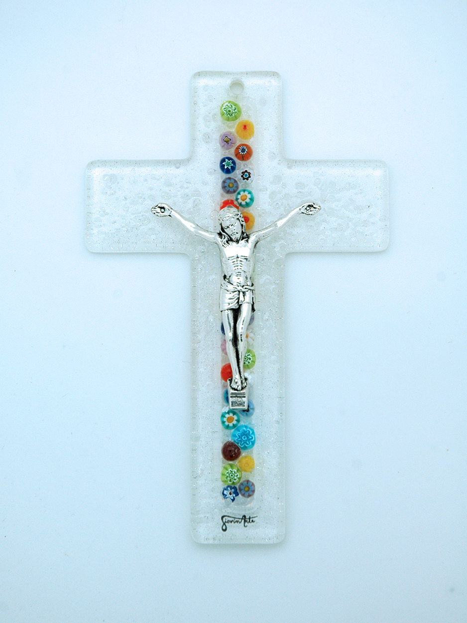 IG3189 - Italian Genuine Murano Glass Crucifix, Clear, Center Flowers, 6 in.