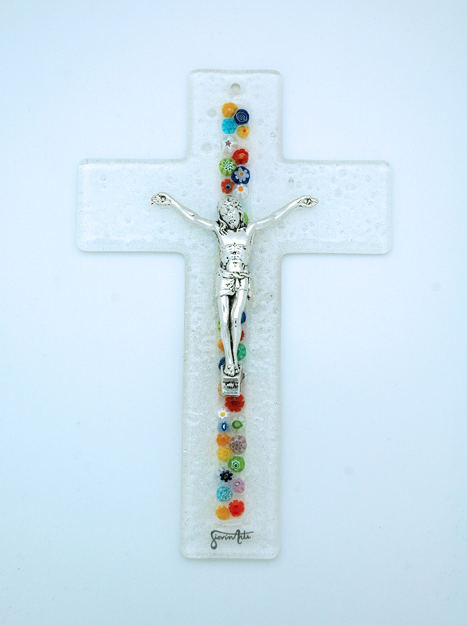 IG3190 - Italian Genuine Murano Glass Crucifix, Clear, Center Flowers, 8 in.