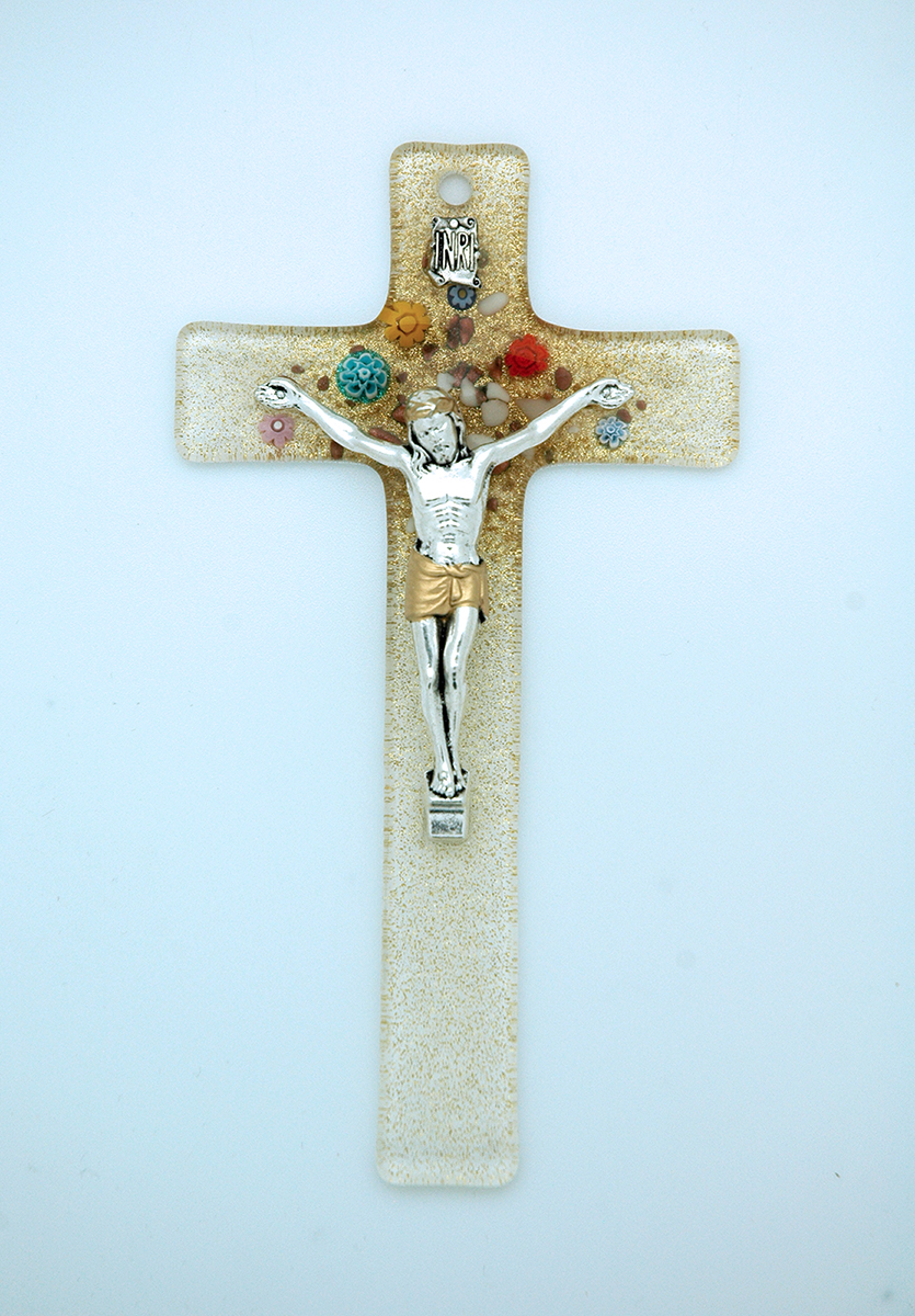 IG3193 - Italian Genuine Murano Glass Crucifix, Clear & Gold with Flowers, 6 in.