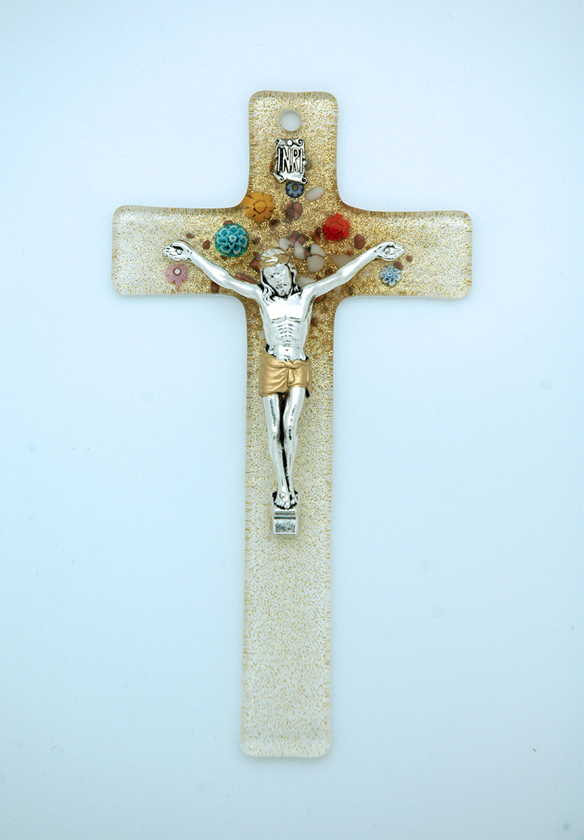 IG3193 - Italian Genuine Murano Glass Crucifix, Clear & Gold with Flowers, 6 in.