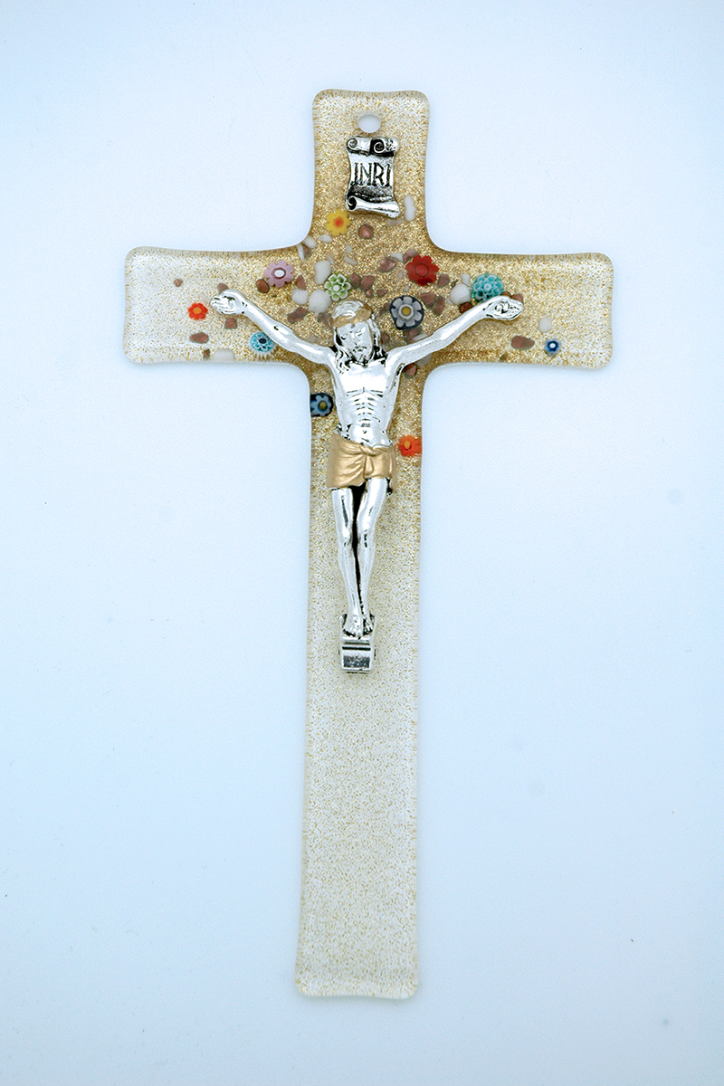 IG3194 - Italian Genuine Murano Glass Crucifix, Clear & Gold with Flowers, 8 in.