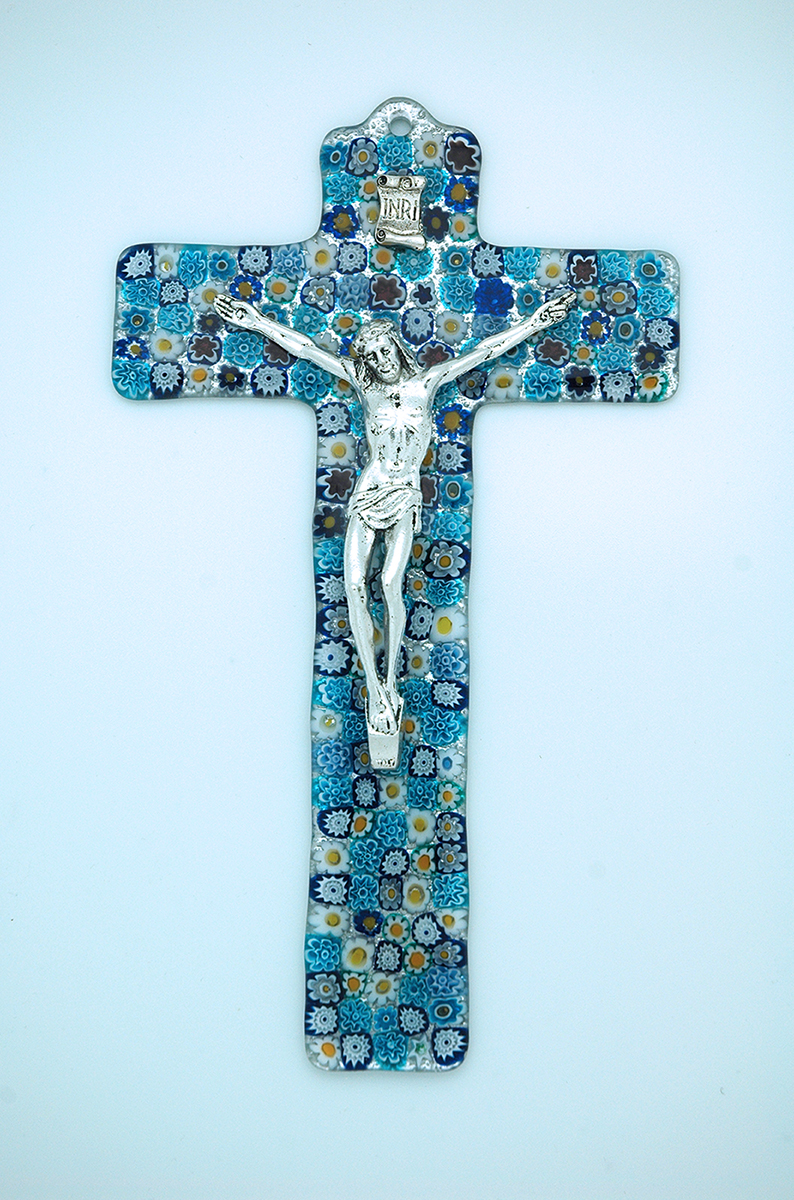 IG413B - Italian Genuine Murano Glass Crucifix, Blue Flowers, 9 in.
