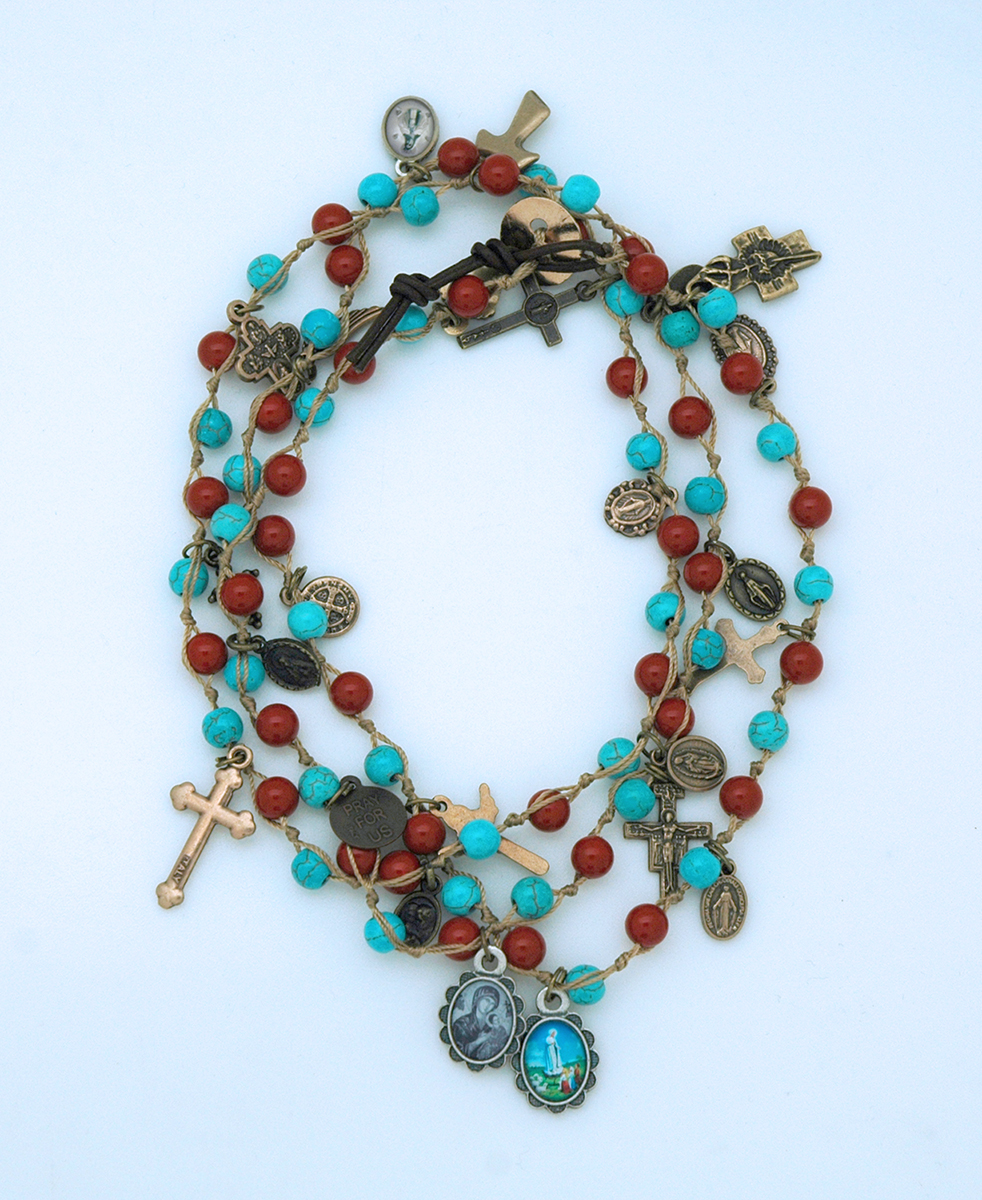 LA11346-CTQ - Coral & Turquoise Gemstone Wrap Bracelet with Medals