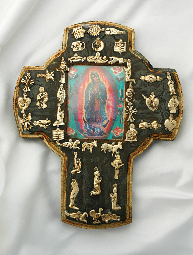 MXC10 - Mexican Hand Painted Cross with Milagros, 9 1/2 in.