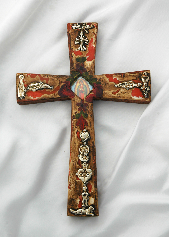 MXC15 - Mexican Hand Painted Cross with Milagros, 9 in.
