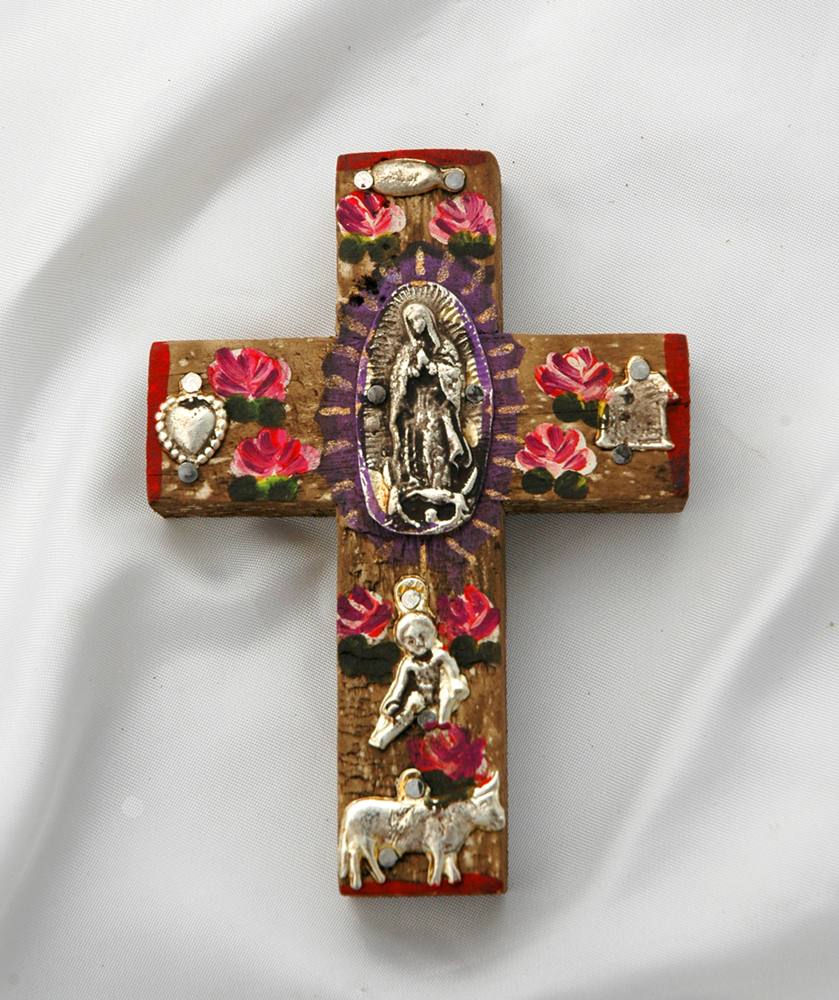 MXC20 - Mexican Hand Painted Cross with Milagros, 4 in.