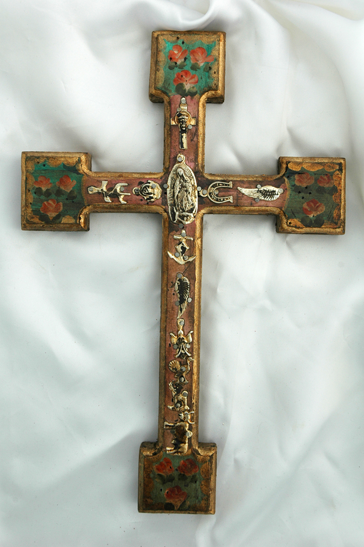MXC6 - Mexican Hand Painted Cross with Milagros, 12 in.