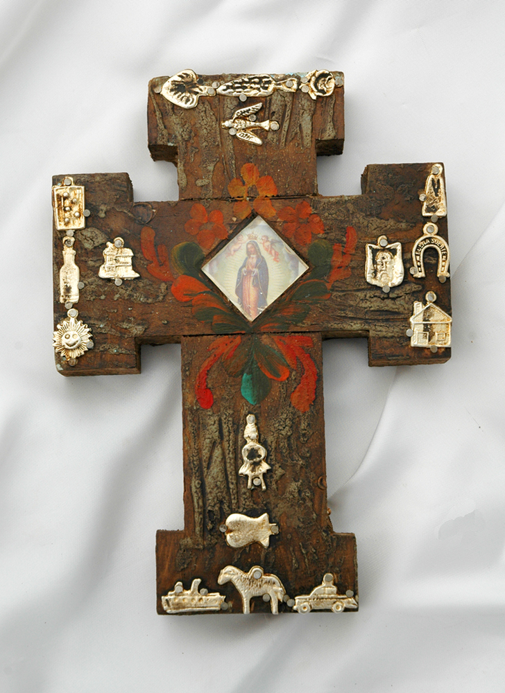 MXC7 - Mexican Hand Painted Cross with Milagros, 7 1/2 in.