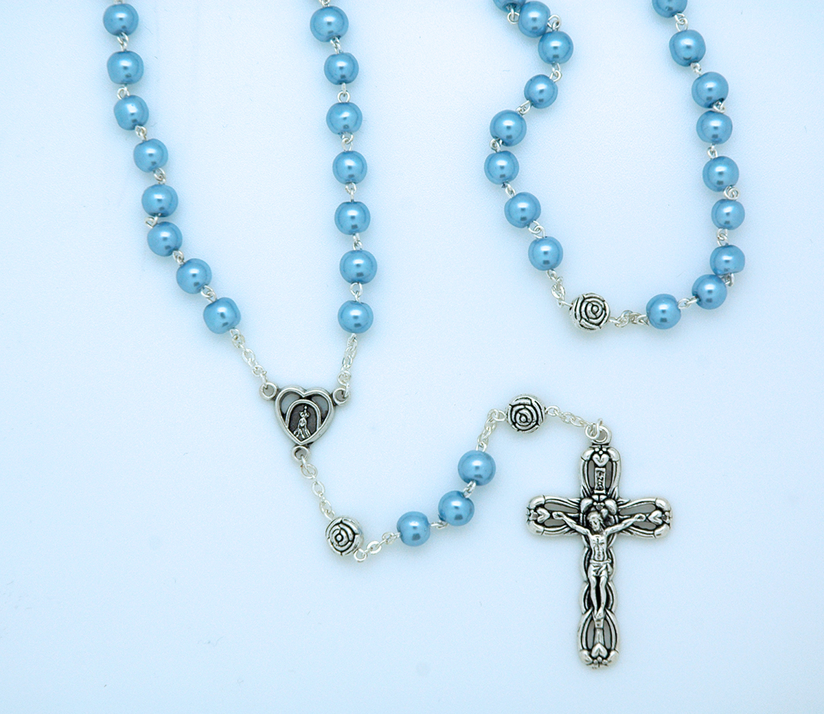 P402B - 6 mm. Glass Pearl Rosary from Fatima, Silver Rose Our Father Beads, Blue