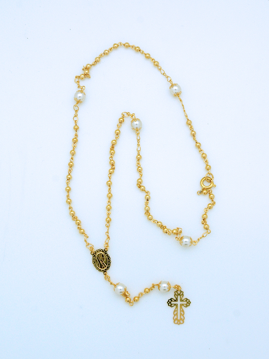 PCOL32G - 3 mm. Gold Beads and Pearls Rosary Necklace from Fatima