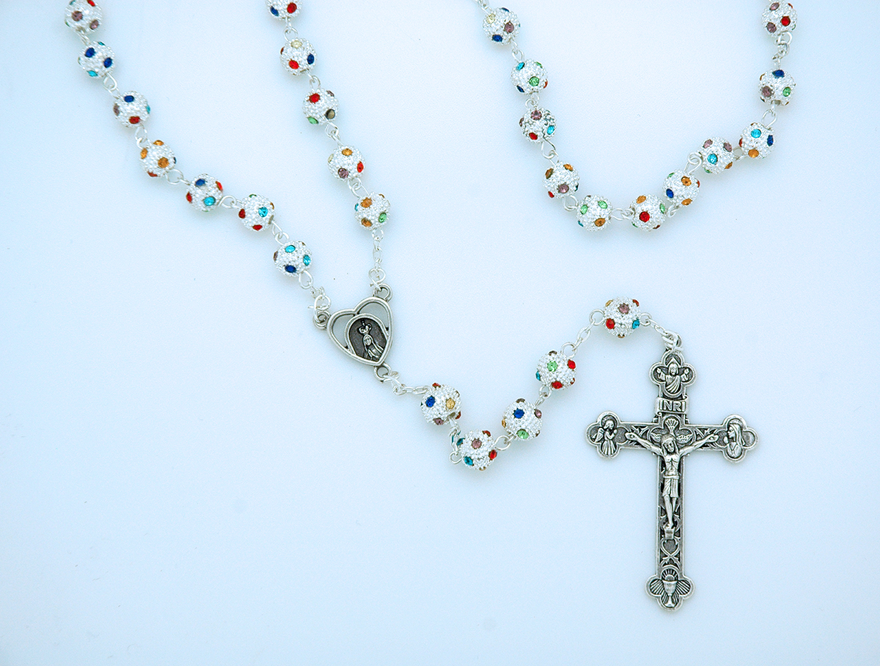 PM004B - 8 mm. Silver Metal Rosary with Multi-Colored Crystals from Fatima