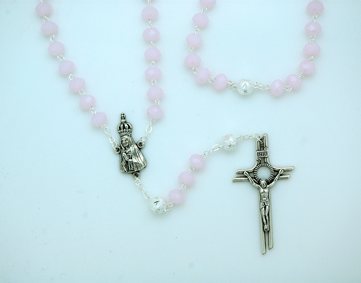 PTF004P - 8 mm. Light Pink Crystal Rosary with Silver Our Father Beads from Fatima
