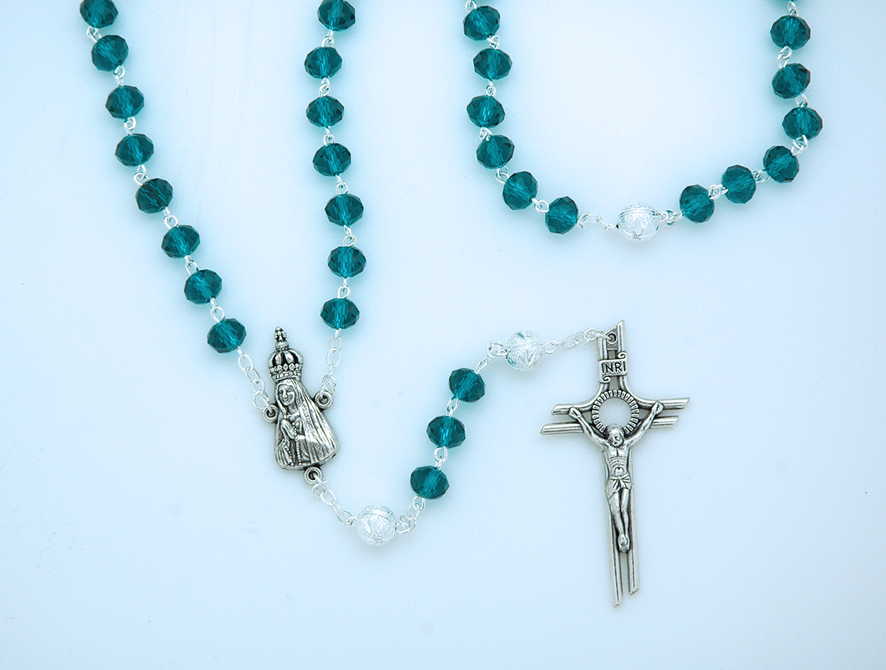 PTF004TL - 8 mm. Teal Crystal Rosary with Silver Our Father Beads from Fatima