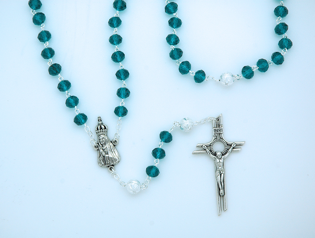 PTF004TL - 8 mm. Teal Crystal Rosary with Silver Our Father Beads from Fatima