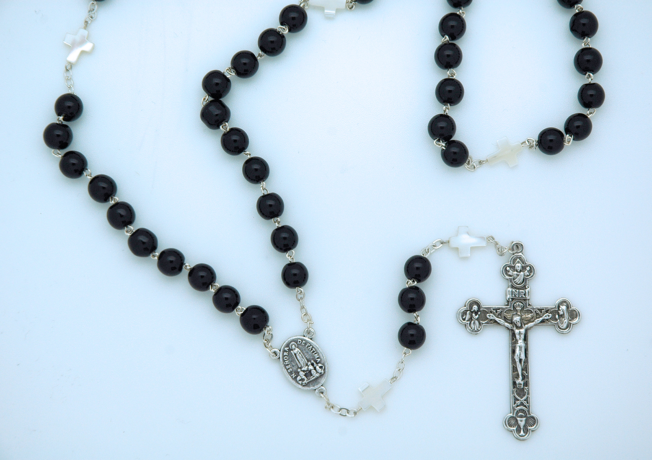 PV300CMP - 8 mm. Black Glass Rosary with Mother of Pearl Our Father Beads from Fatima