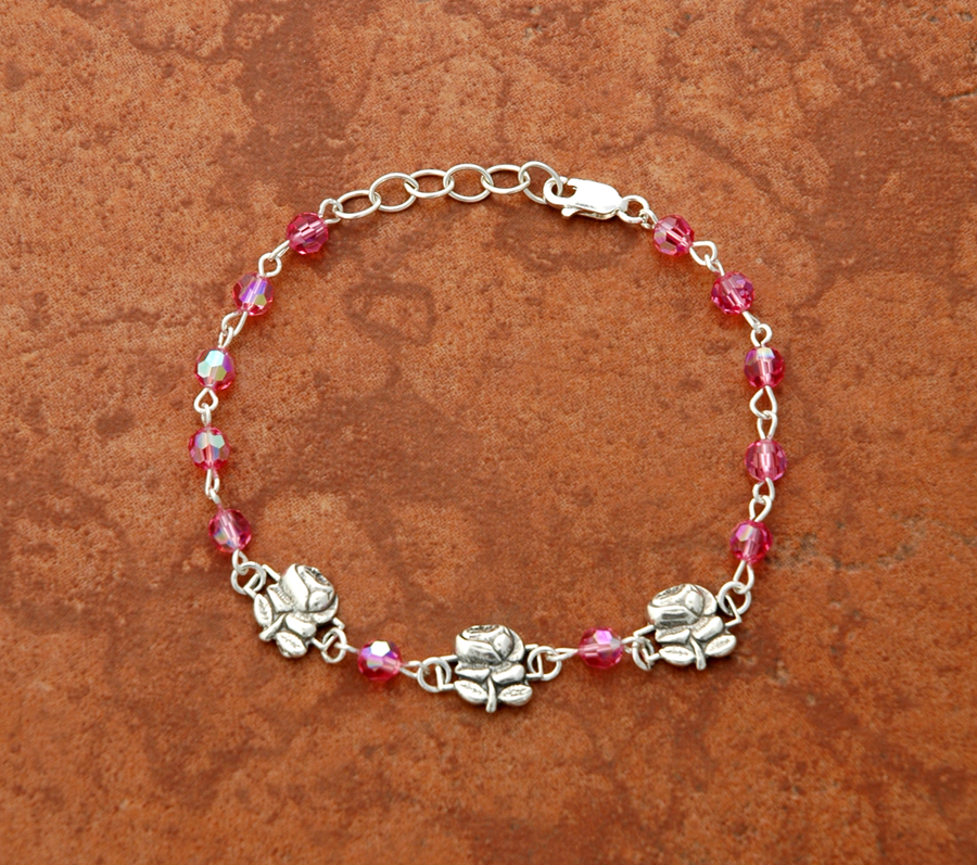 SSB10 - Pink Swarovski Crystal Bracelet with Three Sterling Silver Roses