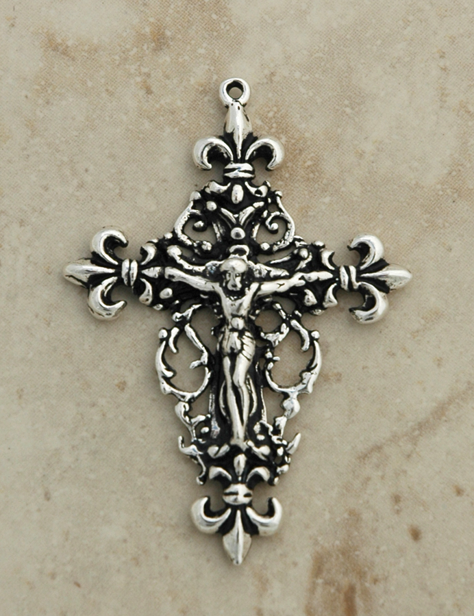 SSC12 - Sterling Silver Crucifix, Fleur de Lis, 2 1/4 in.
