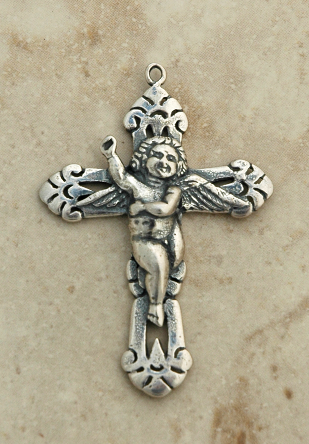 SSC23 - Sterling Silver Crucifix, Angel, 19th Century, 2 in.