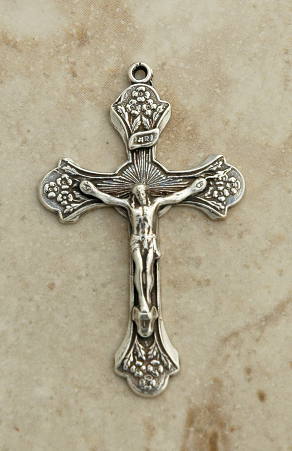SSC26 - Sterling Silver Crucifix, Cross with Flowers, 2 in.