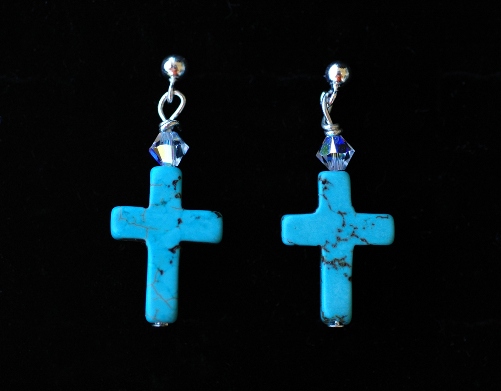 SSE19 - Sterling Silver Earrings, Turquoise Cross with Swarovski Crystals