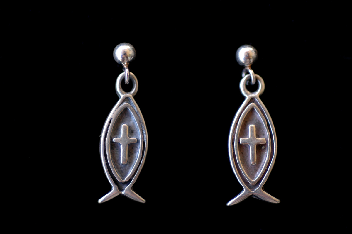 SSE21 - Sterling Silver Earrings, Fish with Cross