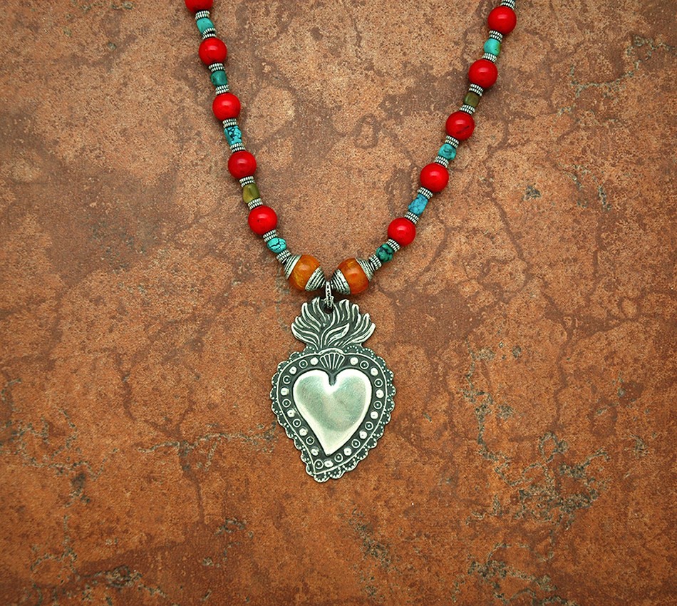 SSGN24 - Sterling Silver Gemstone Necklace, Heart with Flame, Coral, Turquoise & Amber