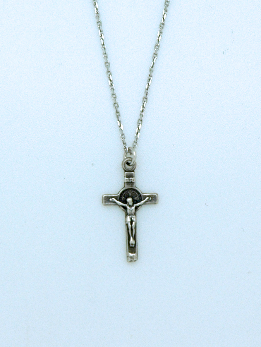 SSN112 - Sterling Silver Necklace, Small St. Benedict Cross, 16 in. Sterling Silver Chain