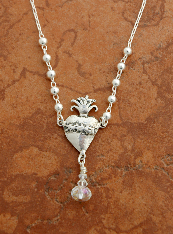 SSN114 - Sterling Silver Milagro Heart with Crystal on Sterling Silver Chain