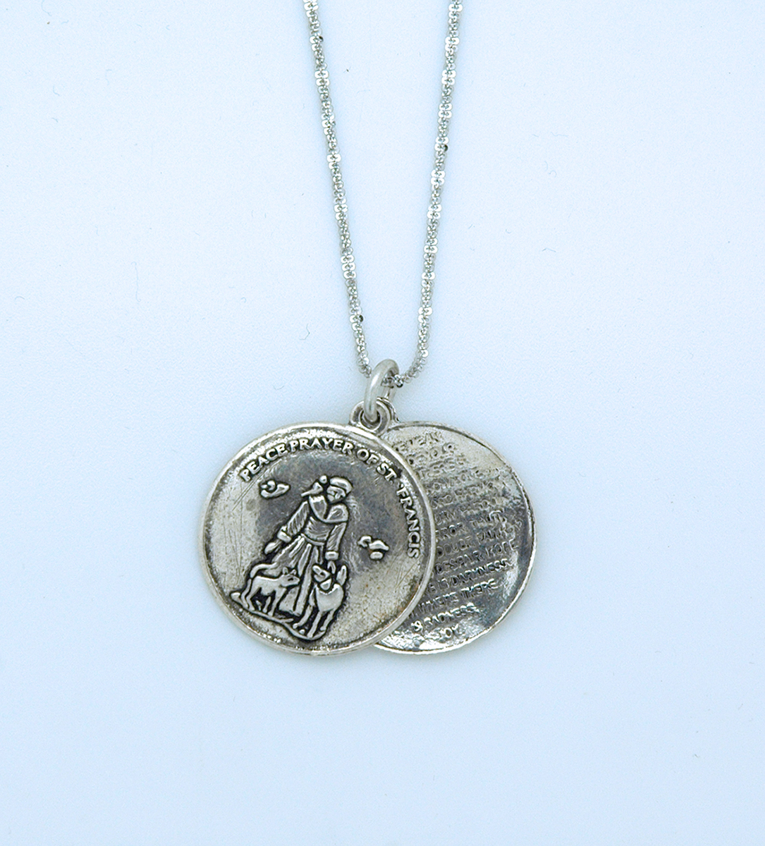 SSN13 - Sterling Silver Necklace, St. Francis Medal with St. Francis Prayer Inside, 18 in. Sterling Silver Chain