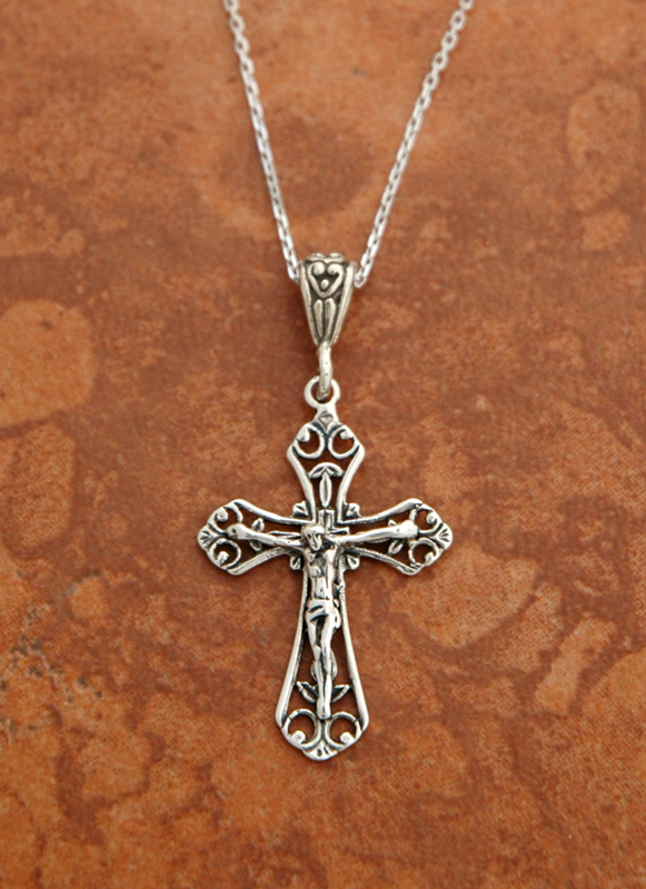 SSN131 - Sterling Silver Filigree Crucifix on 18 in. Sterling Silver Chain