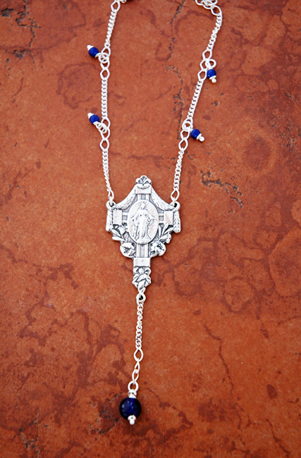 SSN15 - Sterling Silver Miraculous Medal with Lapis Beads on Sterling Silver Chain