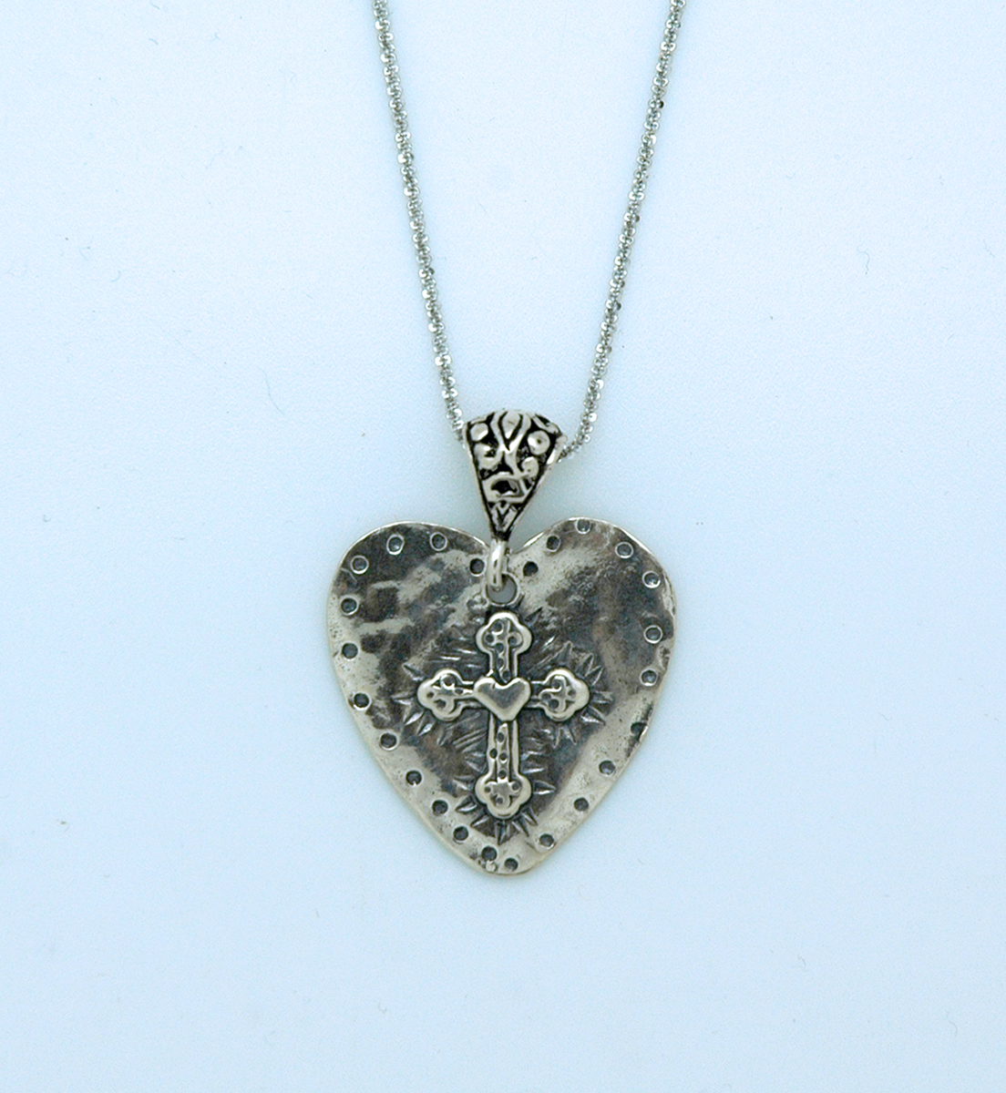 SSN21 - Sterling Silver Necklace, Hammered Heart with Cross, 18 in. Sterling Silver Chain