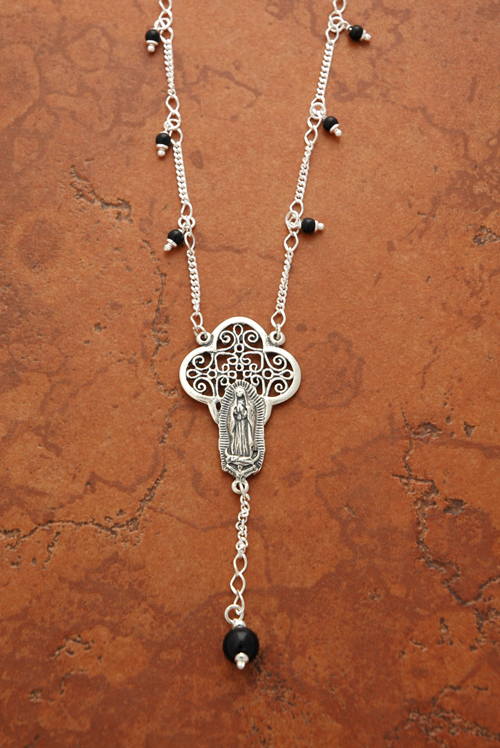 SSN23 - Sterling Silver Guadalupe Medal with Black Onyx Beads on Sterling Silver Chain