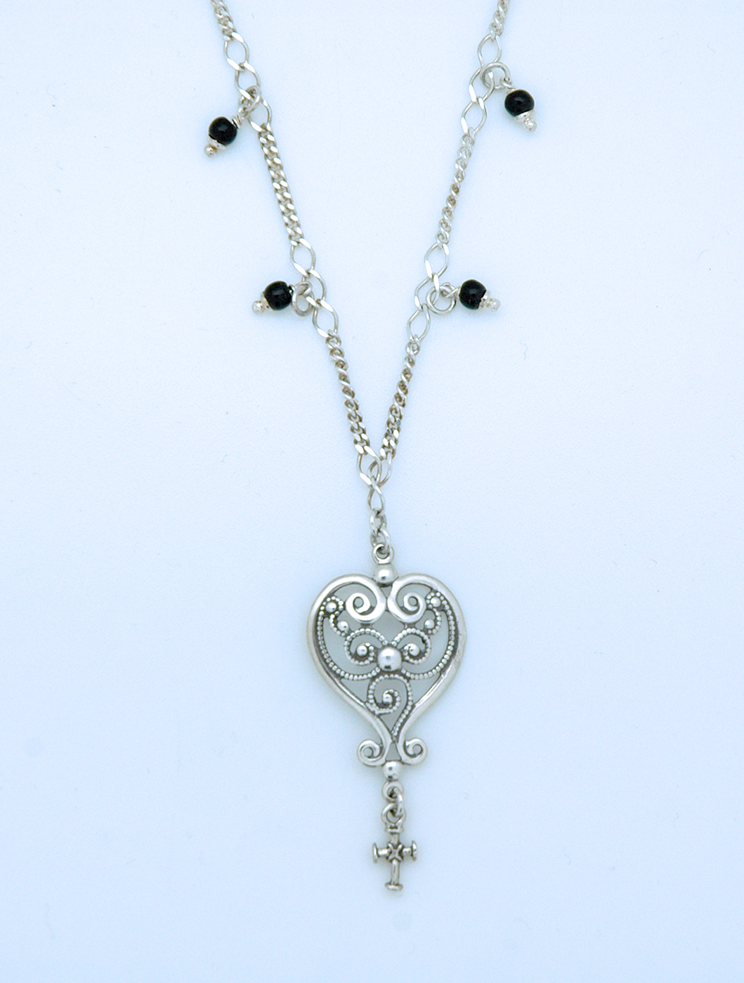 SSN24 - Sterling Silver Necklace, Heart with Black Onyx Beads, 16 in. Sterling Silver Chain
