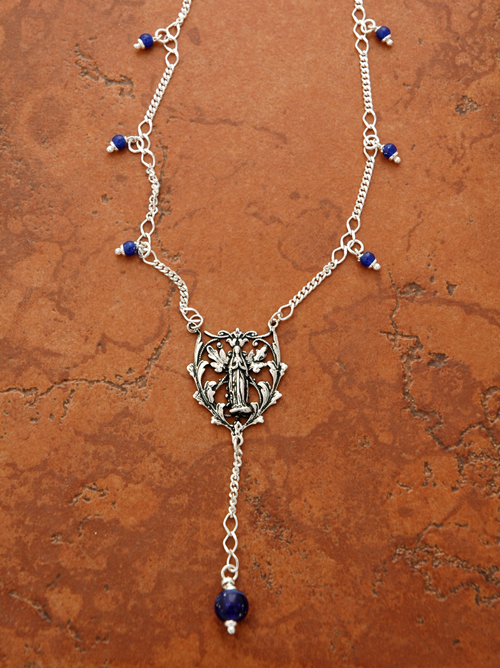 SSN25 - Sterling Silver Madonna Medal with Lapis Beads on Sterling Silver Chain