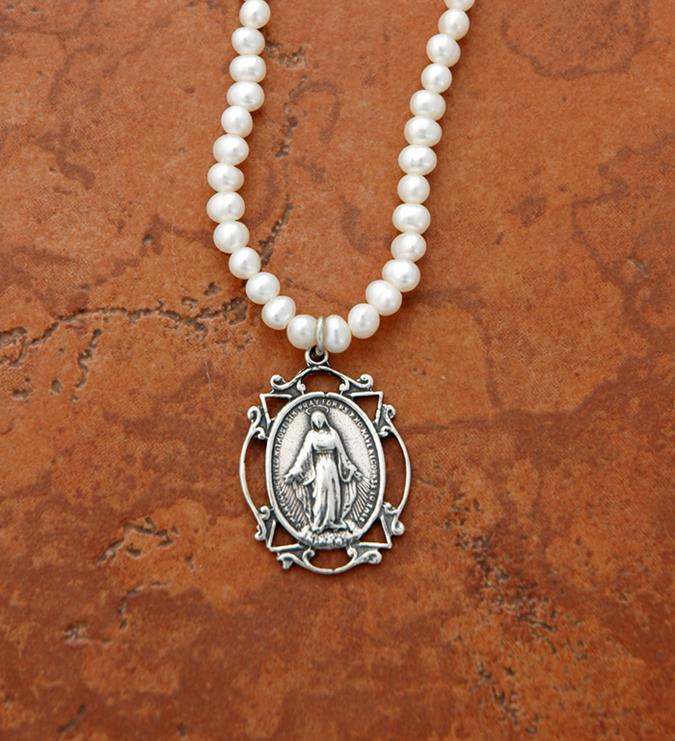 SSN28 - Sterling Silver Miraculous Medal on Fresh Water Pearl, Wire
