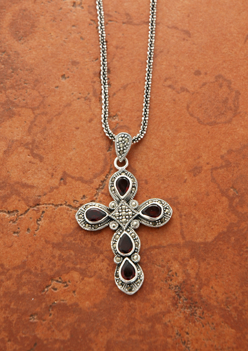 SSN31 - Sterling Silver and Garnet Cross on Sterling Silver Chain