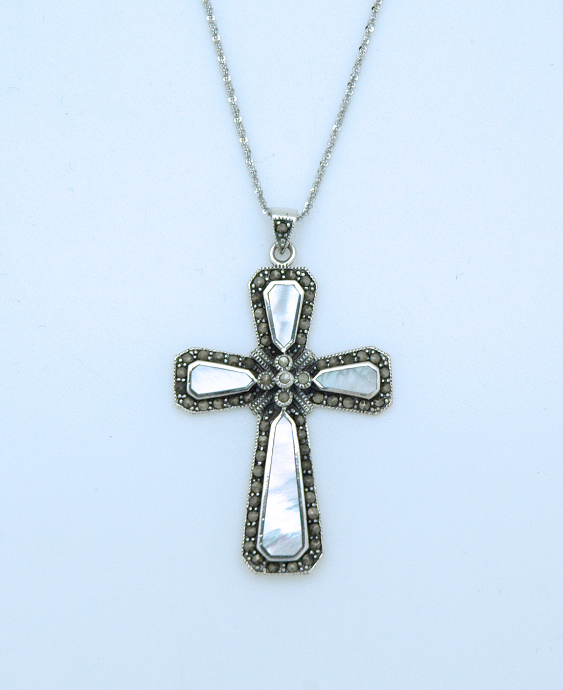 SSN33 - Sterling Silver Necklace, Mother of Pearl Cross, 18 in. Sterling Silver Chain