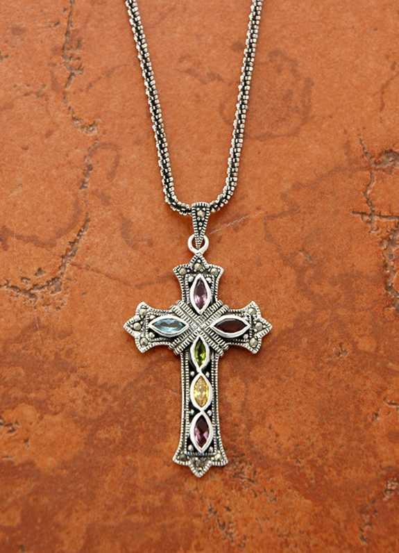 SSN34 - Sterling Silver and Multi-Stone Cross on Sterling Silver Chain