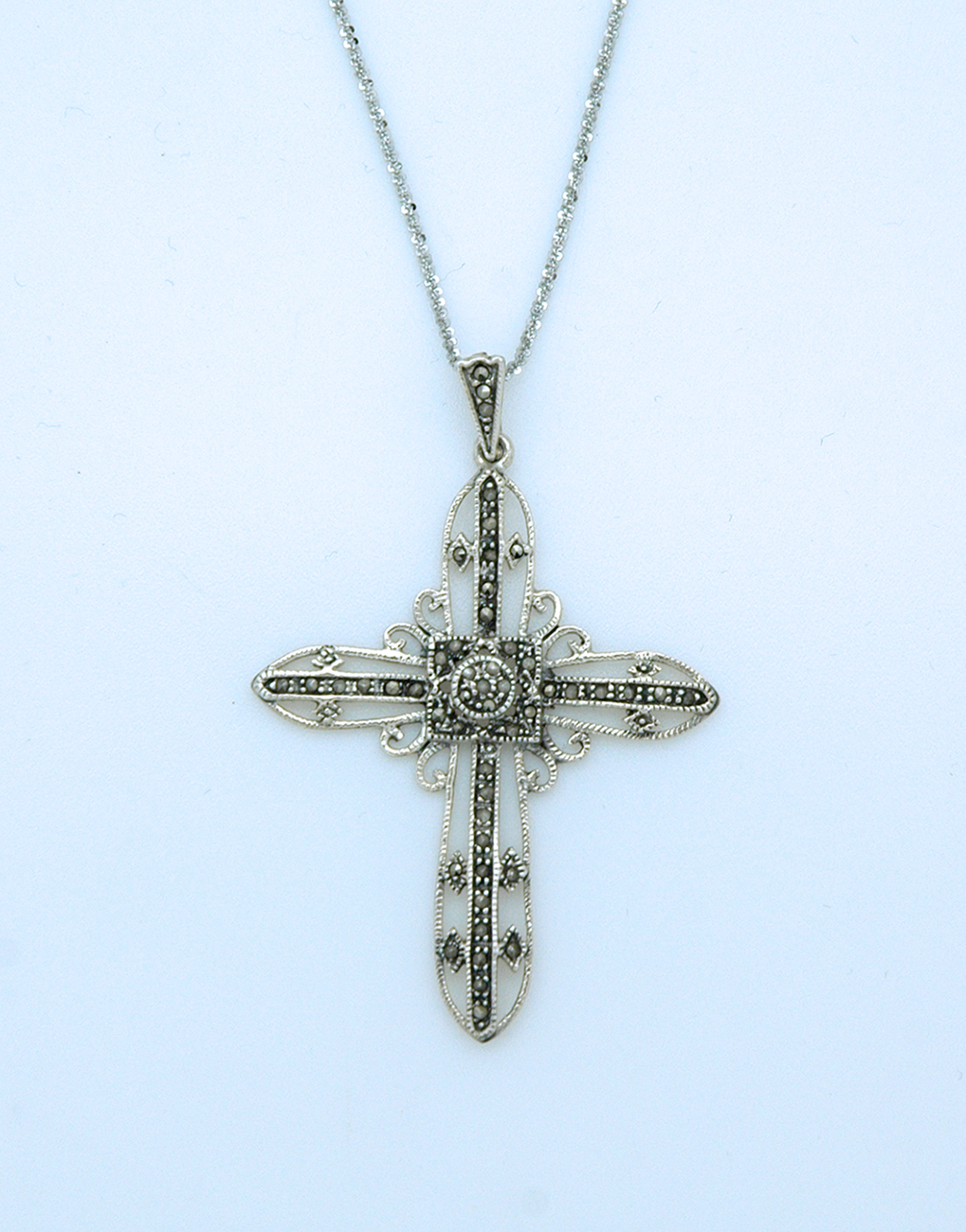 SSN35 - Sterling Silver Necklace, Marcasite Cross, 18 in. Sterling Silver Chain