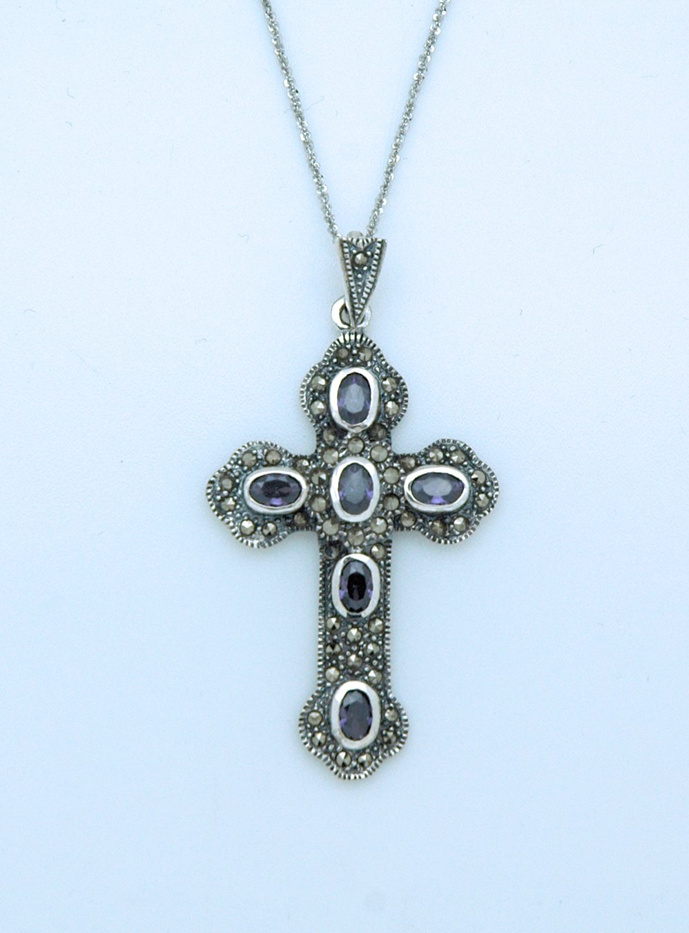 SSN36 - Sterling Silver Necklace, Amethyst Cross, 18 in. Sterling Silver Chain